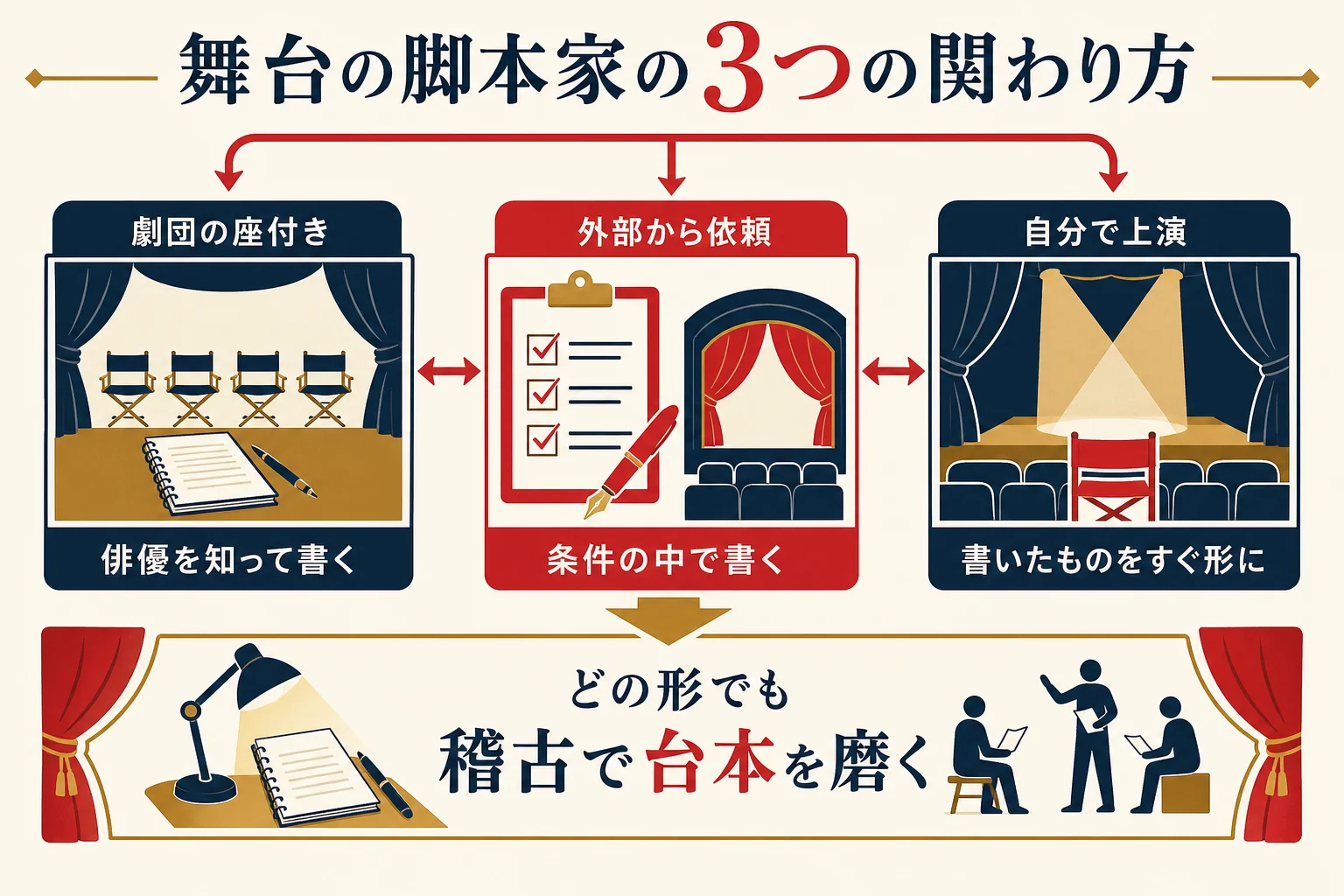 舞台の脚本家の関わり方を、劇団の座付き・外部から依頼・自分で上演の3つで比べた図解