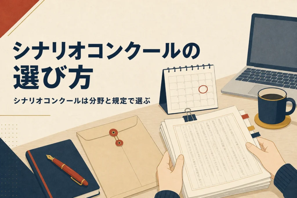 シナリオコンクールの選び方を表すアイキャッチ。机に置かれた応募原稿と封筒