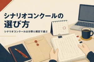 シナリオコンクールの選び方を表すアイキャッチ。机に置かれた応募原稿と封筒