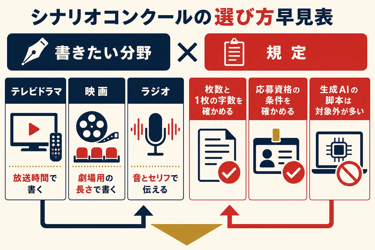 シナリオコンクールをテレビドラマ・映画・ラジオの分野と枚数・書式・生成AIの扱いなどの規定で比べた早見表の図解