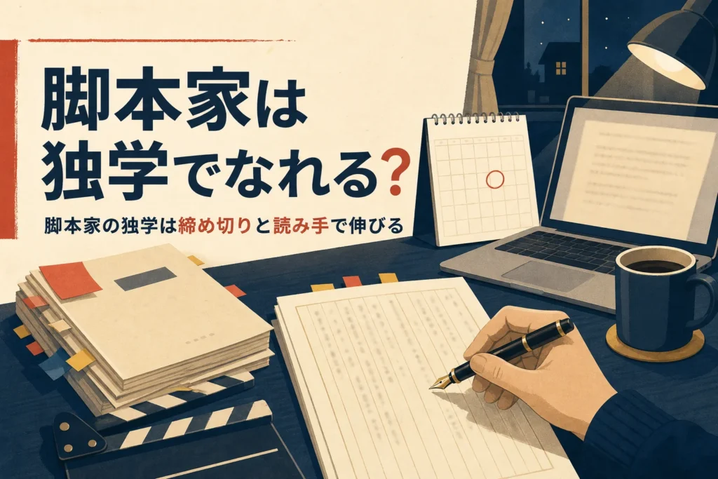 脚本家を独学で目指すことを表すアイキャッチ。自宅の机の原稿とカレンダー