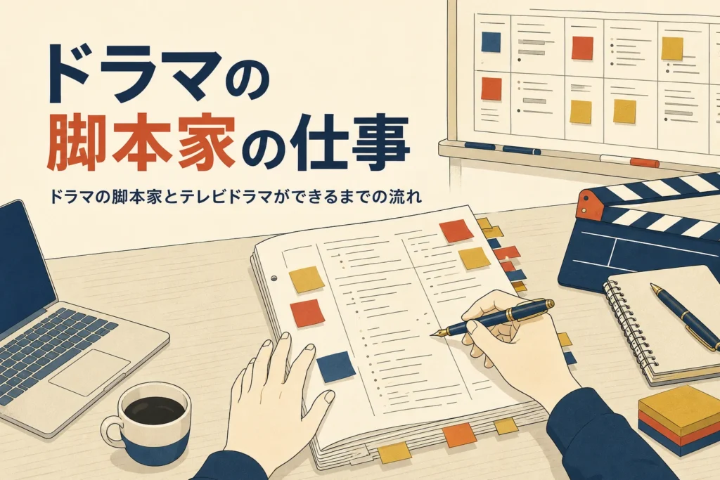 付箋の貼られたドラマの台本と場面表が並ぶ打ち合わせの机