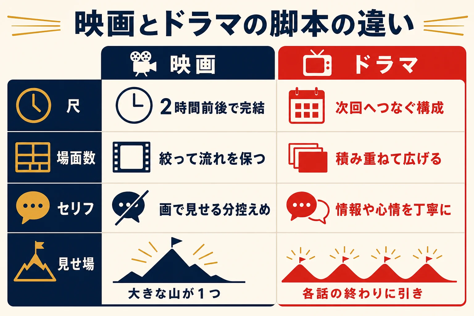 映画とテレビドラマの脚本を尺・場面数・セリフ量・見せ場の4つで比べた図解