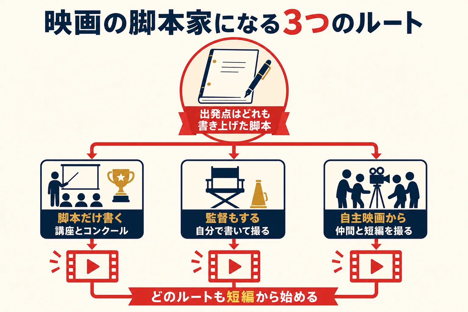 映画の脚本家になる3つのルートを、進み方と向いている人で比べた図解