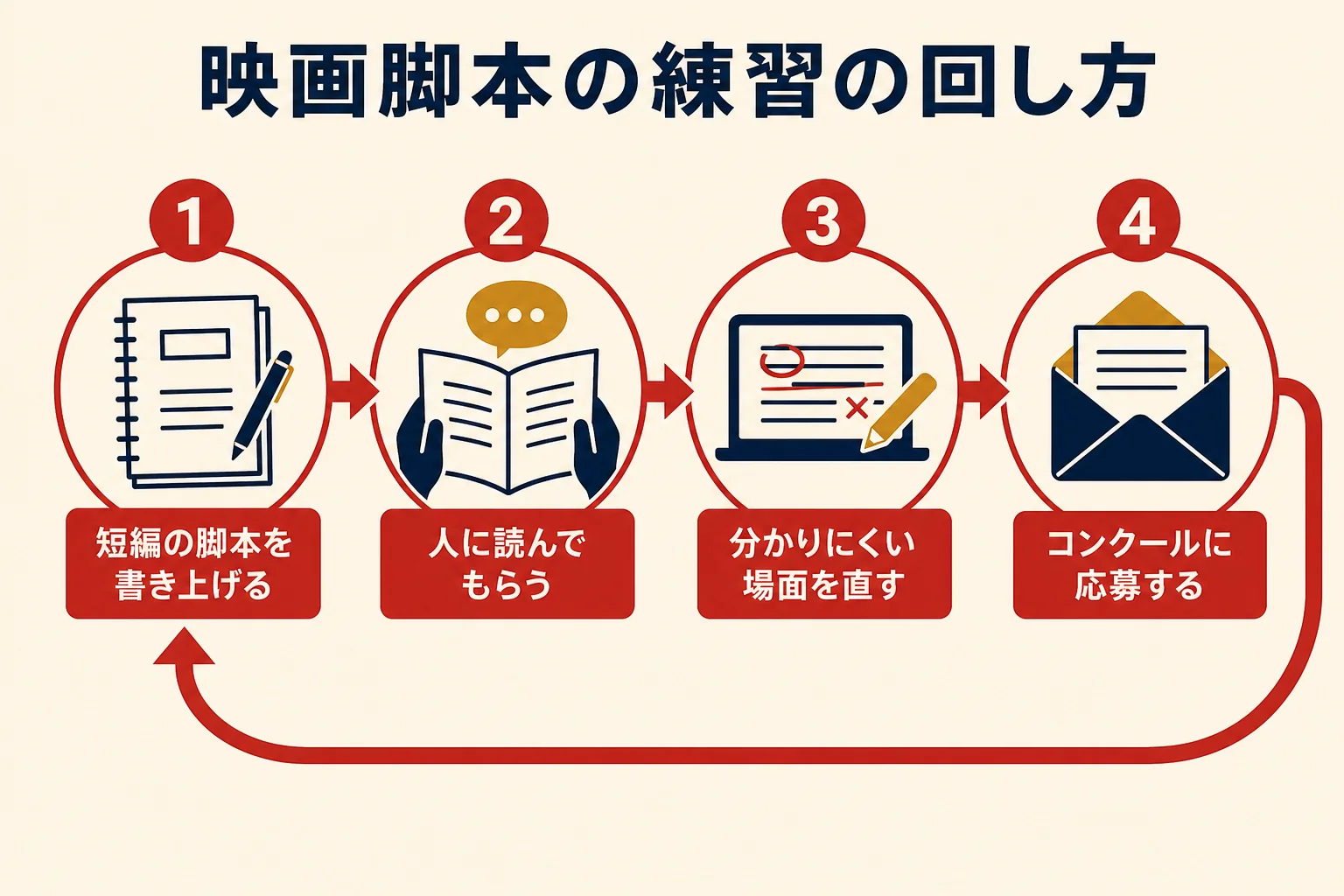 映画脚本の練習を、書く・読んでもらう・直す・応募するの順で回す流れを示した図解