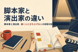 脚本家と演出家の違いを表すアイキャッチ。稽古場の机に置かれた台本