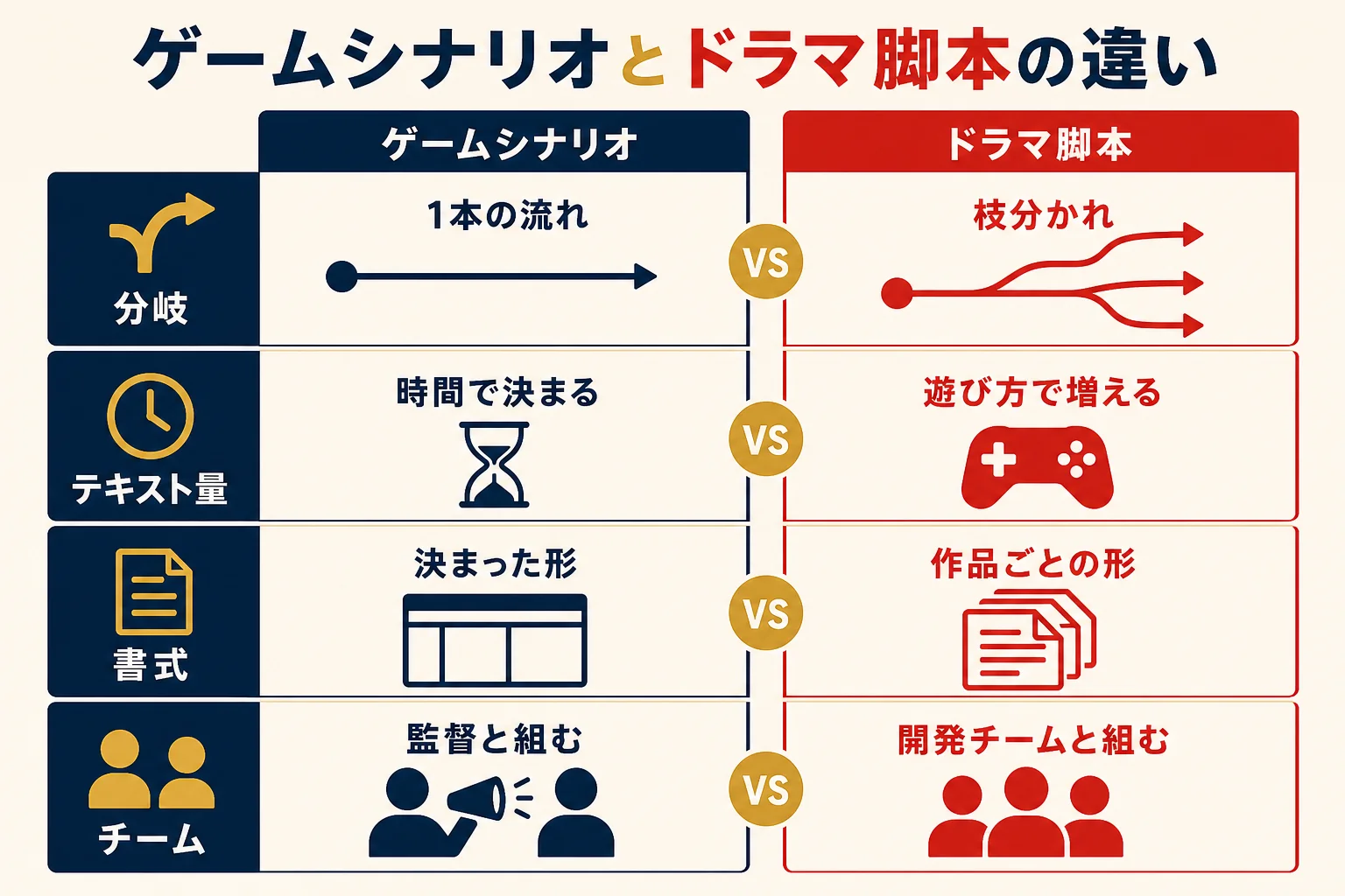 ゲームシナリオとドラマ脚本を、分岐・テキスト量・書式・チームの4点で比べた図解
