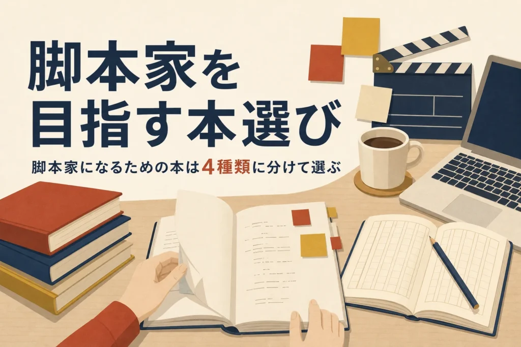 脚本家になるための本の選び方を表すアイキャッチ。机に積まれた本とノート