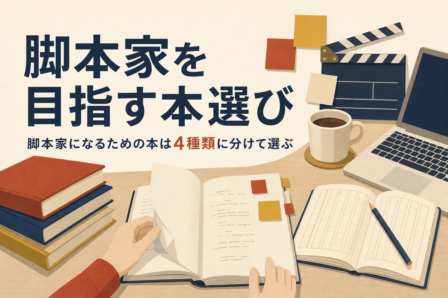 脚本家になるための本の選び方を表すアイキャッチ。机に積まれた本とノート