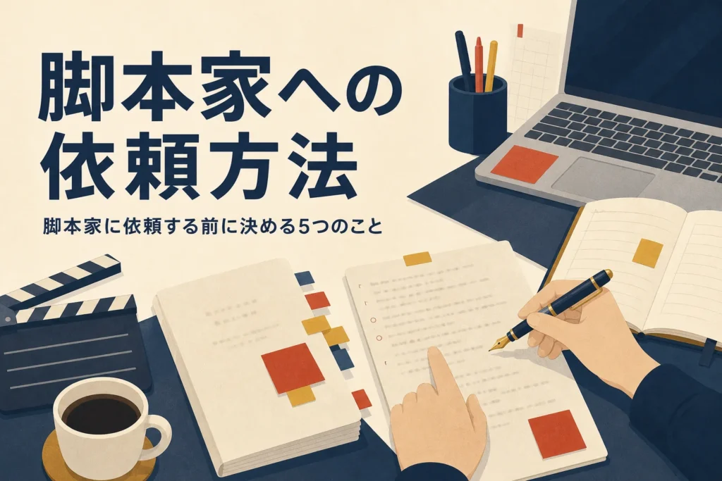 脚本家への依頼方法を表すアイキャッチ。打ち合わせの机に置かれた台本と依頼メモ