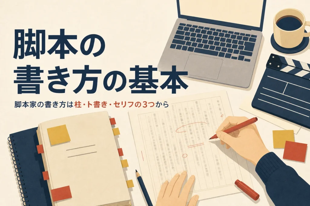 脚本の書き方の基本を表すアイキャッチ。縦書きの原稿用紙と赤ペン