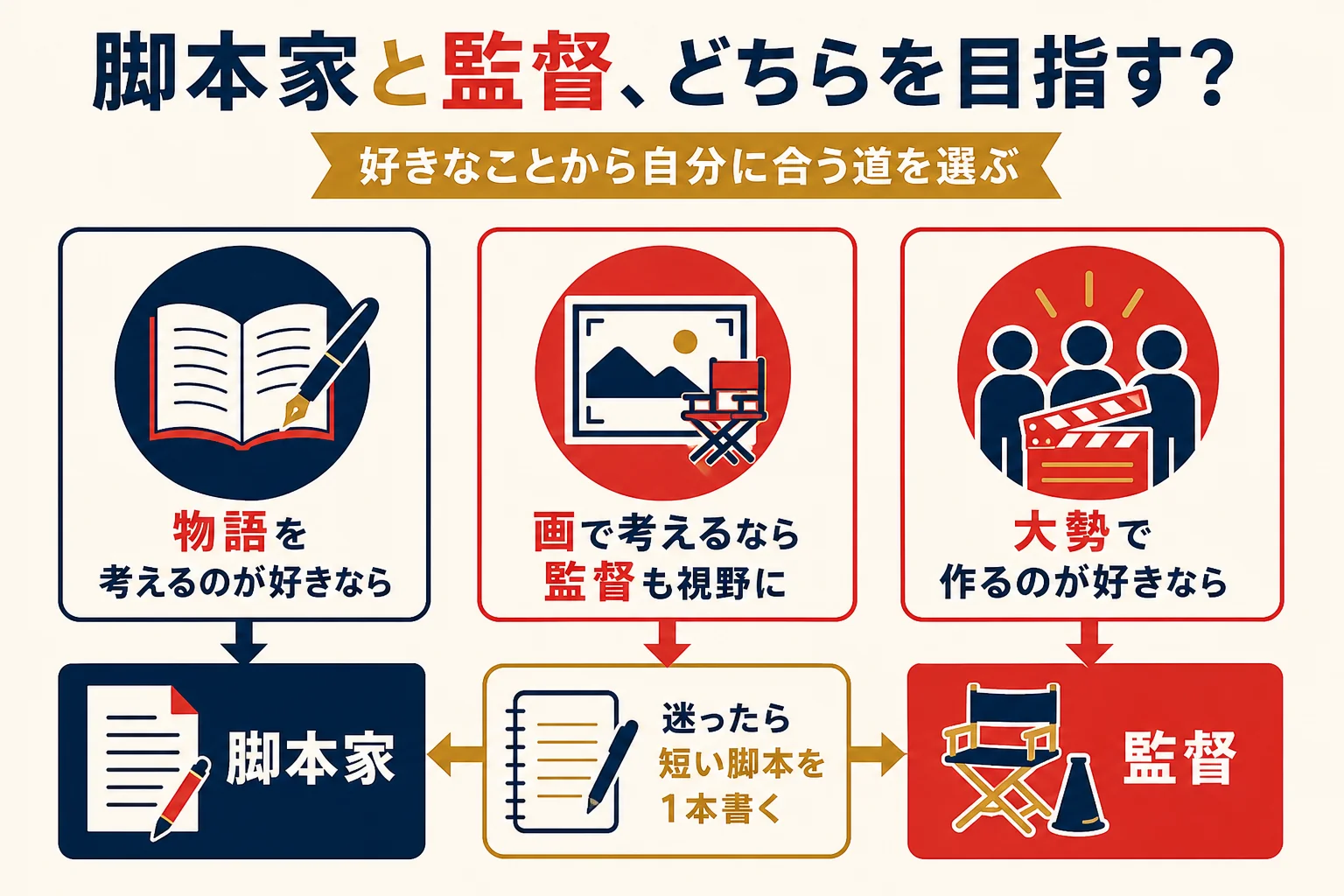 脚本家と映画監督のどちらを目指すかを、好きなことから選ぶ考え方を示した図解