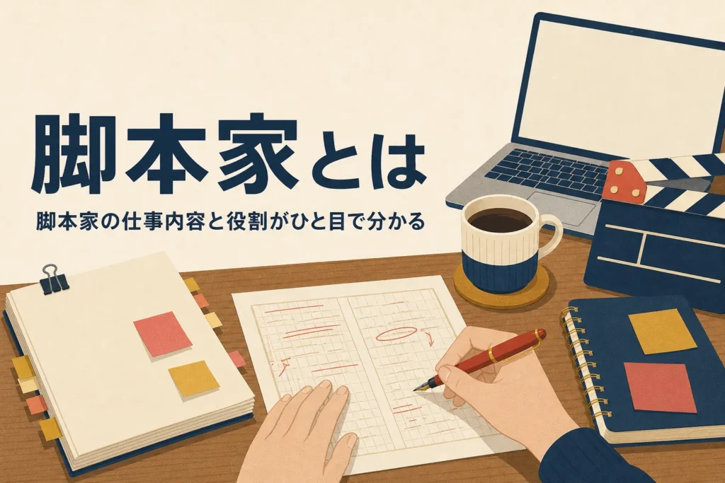 付箋の貼られた台本と原稿が並ぶ脚本家の机