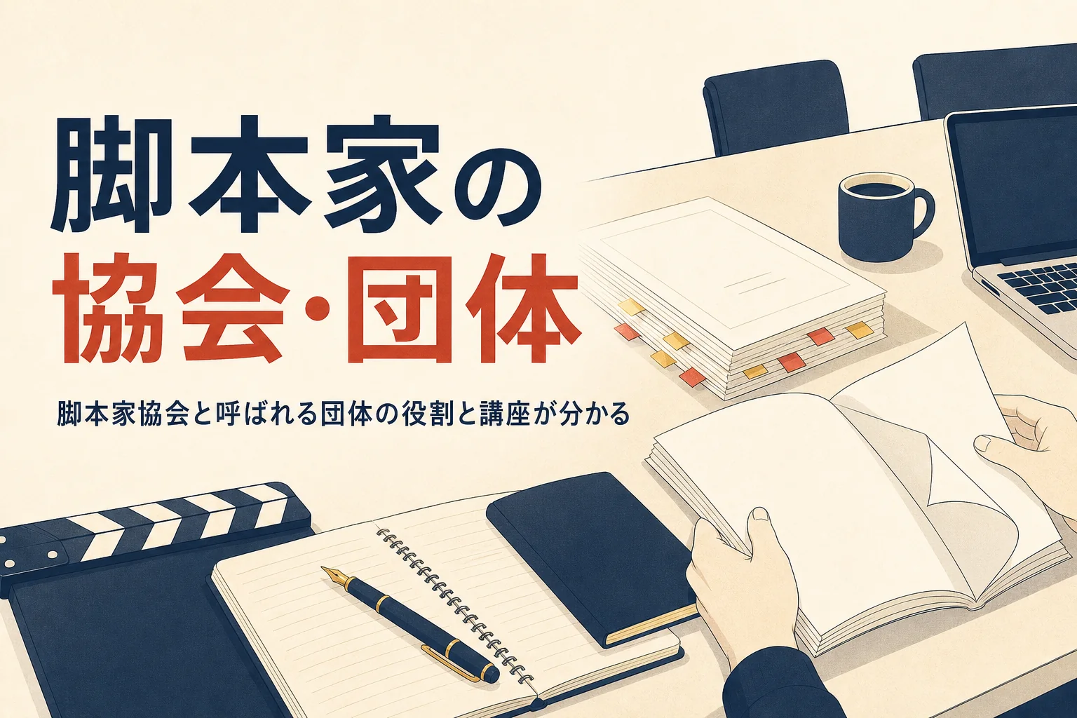 脚本家の協会・団体の役割を表すアイキャッチ。机に置かれた台本と冊子