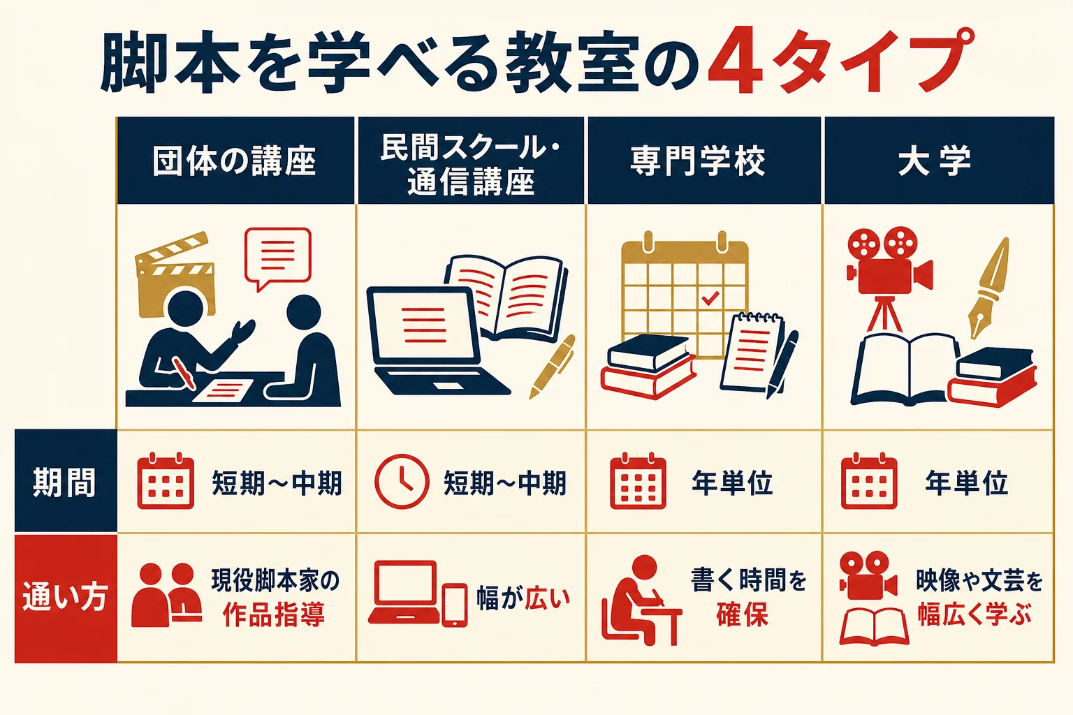 脚本家を目指せる教室を団体の講座・民間スクール・専門学校・大学の4タイプに分け、目的と通い方を比べた図解