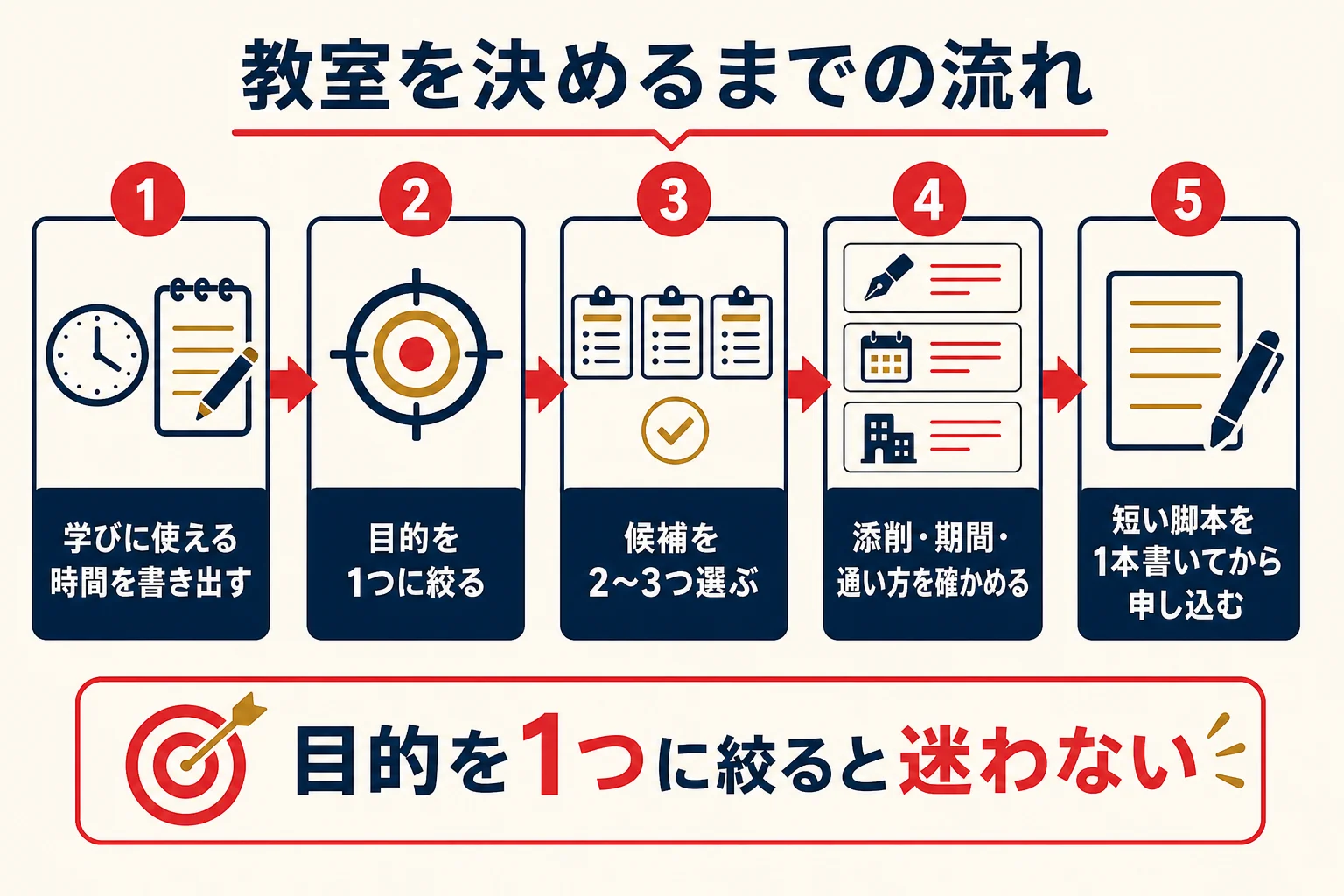 目的から脚本家の教室のタイプを選び、申し込むまでの手順を示した図解