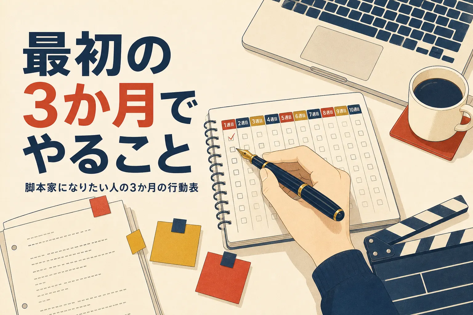 週ごとの予定を書いたノートと書きかけの脚本原稿が並ぶ机
