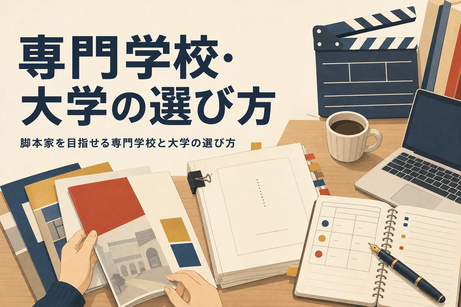 脚本家を目指せる専門学校・大学の選び方を表すアイキャッチ。机に並んだ学校案内と台本