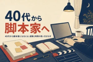 40代から脚本家を目指す社会人を表すアイキャッチ。夜のテーブルに置かれたノートパソコンと台本