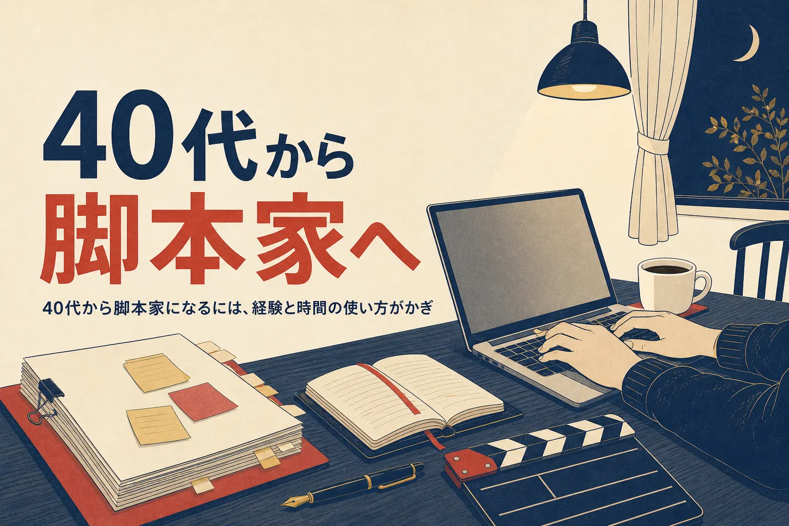 40代から脚本家を目指す社会人を表すアイキャッチ。夜のテーブルに置かれたノートパソコンと台本