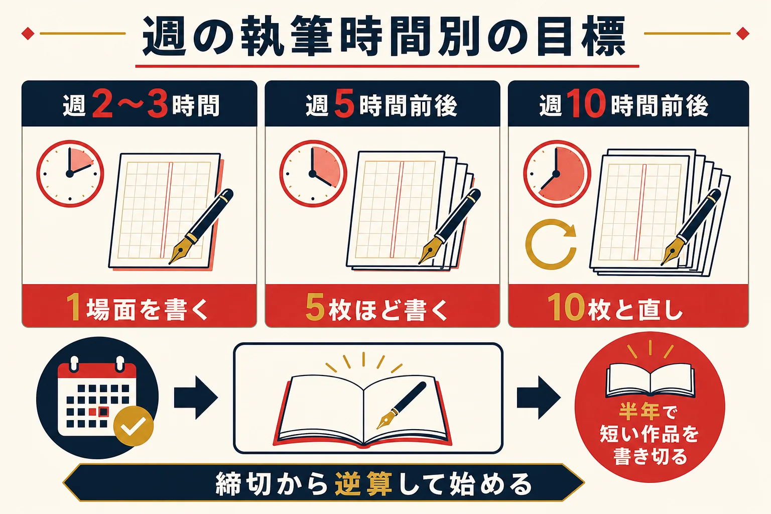 週に使える執筆時間ごとの1週間の目標と半年後の目安を示した図解