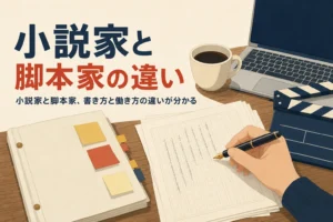 小説家と脚本家の違いを表すアイキャッチ。原稿用紙と台本が並ぶ机