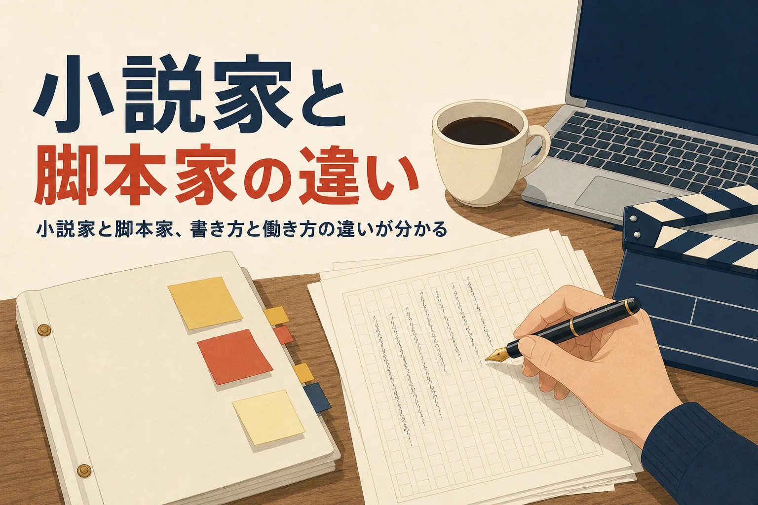 小説家と脚本家の違いを表すアイキャッチ。原稿用紙と台本が並ぶ机