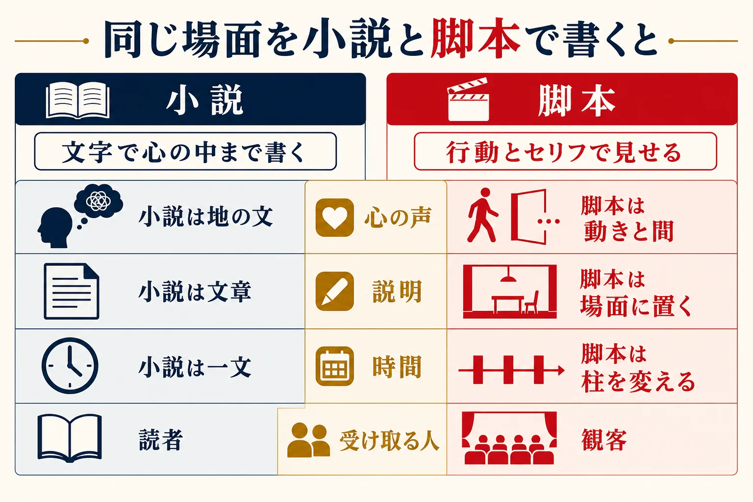 同じ場面を小説と脚本で書いた時の、心の声・説明・時間の飛ばし方の違いを並べた図解