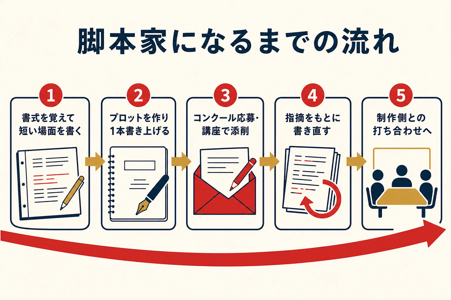 脚本家になるまでの、書式を覚える・1本書き上げる・応募や添削・書き直し・打ち合わせへと進む流れの図解
